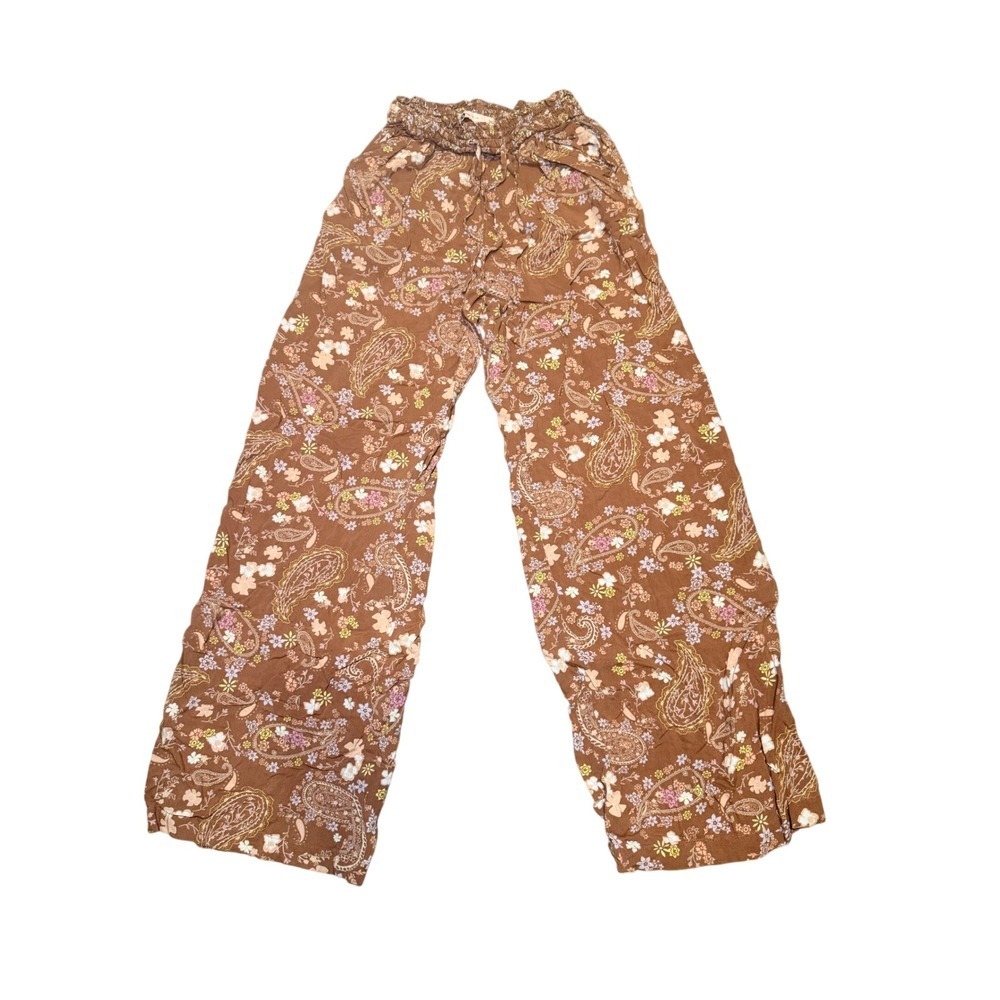 Brown Paisley Wide Leg Pants High Rise Boho Flowy XS